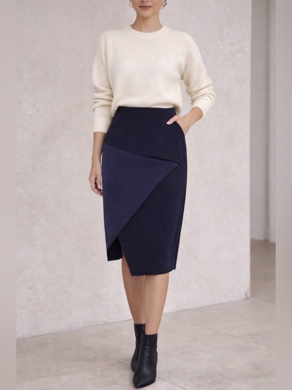 Ted Baker London Daffnie Navy & Black Asymmetrical Wrap Pencil Midi Skirt size 3 - Picture 11 of 11